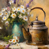 A still life painting featuring a brass teapot and a bouquet of white and purple wildflowers on a wooden surface.