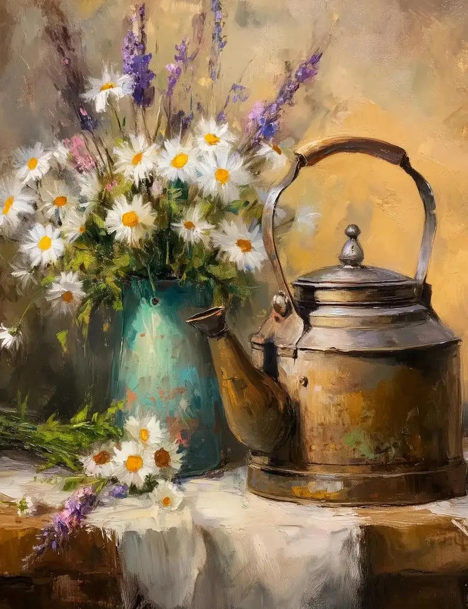 A still life painting featuring a brass teapot and a bouquet of white and purple wildflowers on a wooden surface.