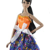 A handmade doll dress gown featuring an orange top and a blue floral skirt with a white bow.