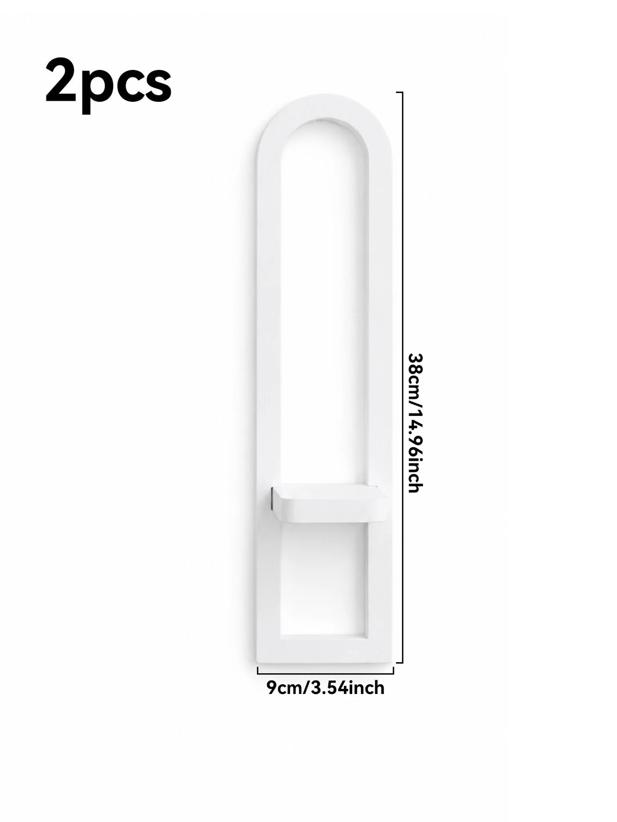 A white rectangular arch-shaped wall shelf with a rounded top and bottom, measuring 38cm high and 9cm wide.