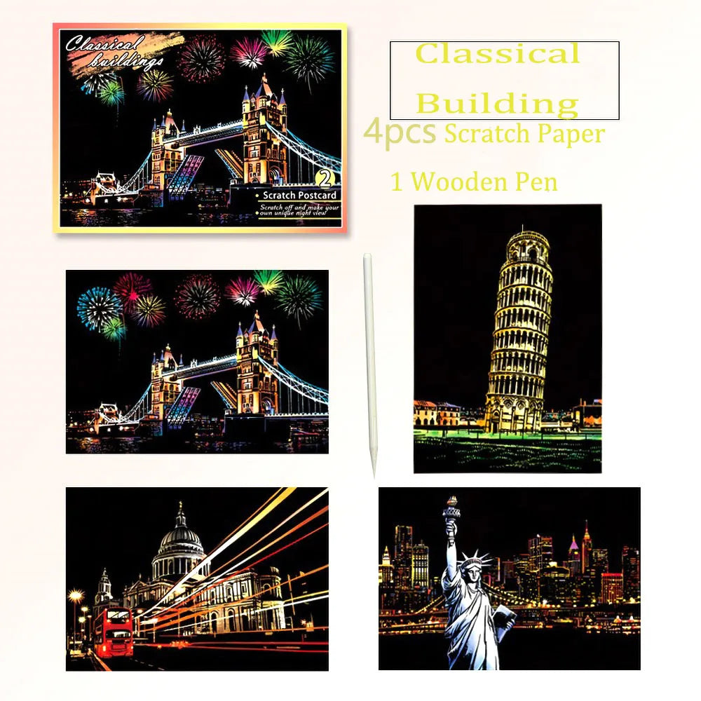 A set of scratch paper, a wooden pen, and various images including the Golden Gate Bridge, Leaning Tower of Pisa, and Statue 