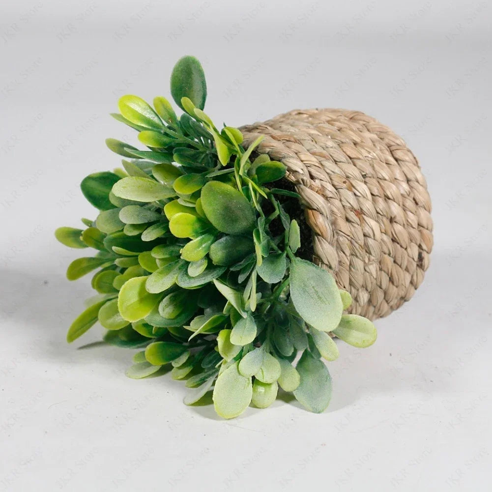 Artificial potted plant with green succulent leaves in a natural woven basket pot