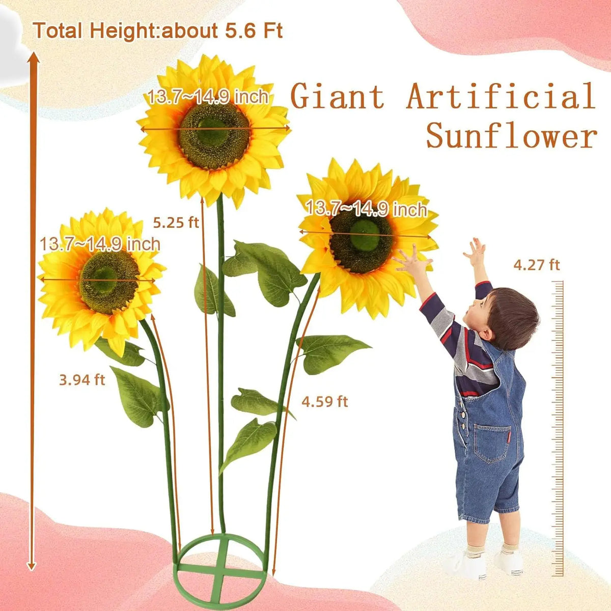 A child is interacting with a giant artificial sunflower plant that is about 5.6 feet tall.