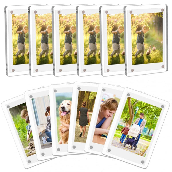 A set of clear acrylic photo fridge magnets featuring Polaroid-style frames with various outdoor and portrait photographs.