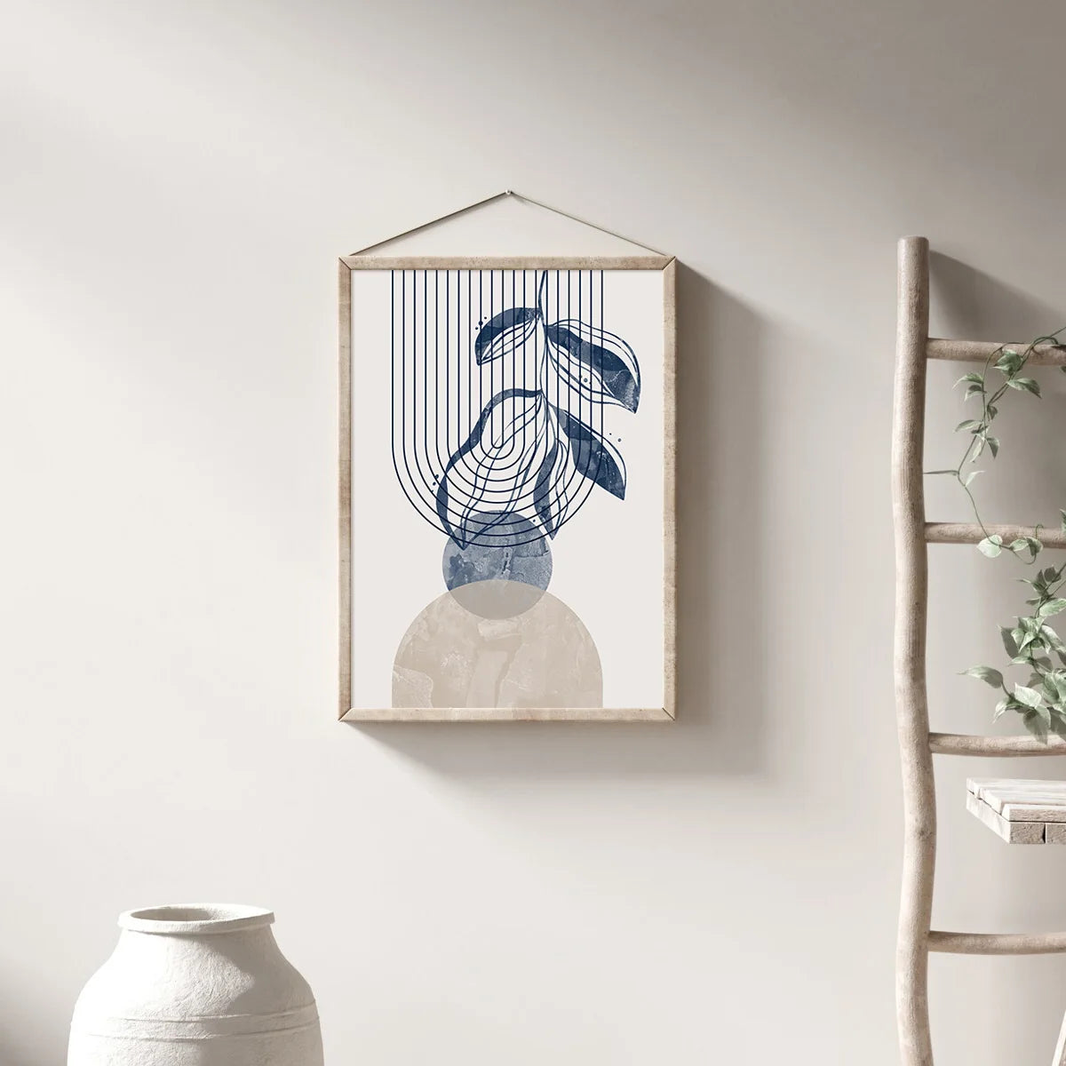 Abstract geometric wall art print featuring blue line drawings of leaves and a circular shape on a light background