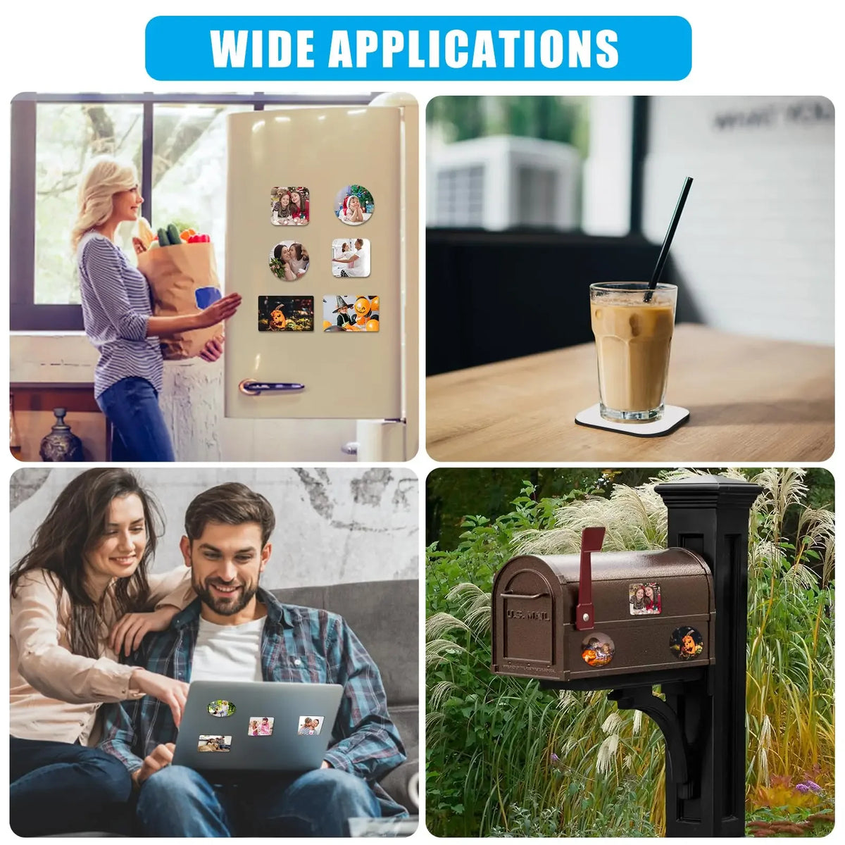 A set of ten sublimation blank fridge magnets for custom DIY designs displayed alongside a person using a laptop and a decora