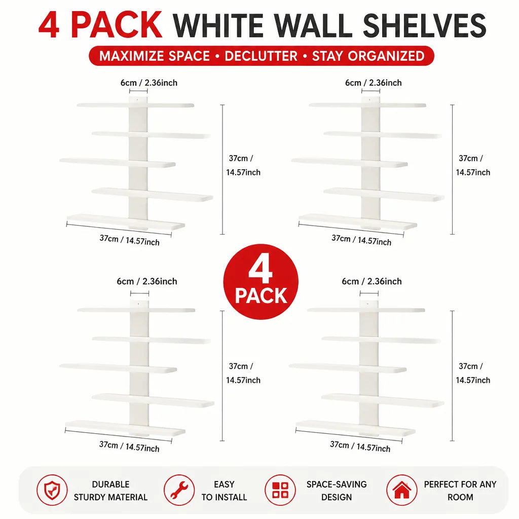 A set of four white wall shelves designed to maximize space and stay organized.