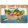 Vintage metal sign advertising home-grown vegetables hand-picked daily displayed in a woven basket.
