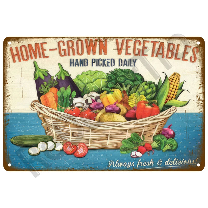 Vintage metal sign advertising home-grown vegetables hand-picked daily displayed in a woven basket.