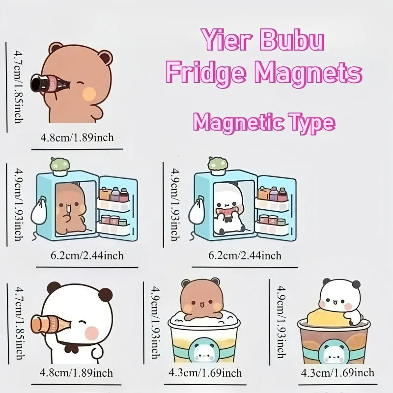 A set of cute panda and bear fridge magnets featuring various designs like a bear face and a panda in a cup.
