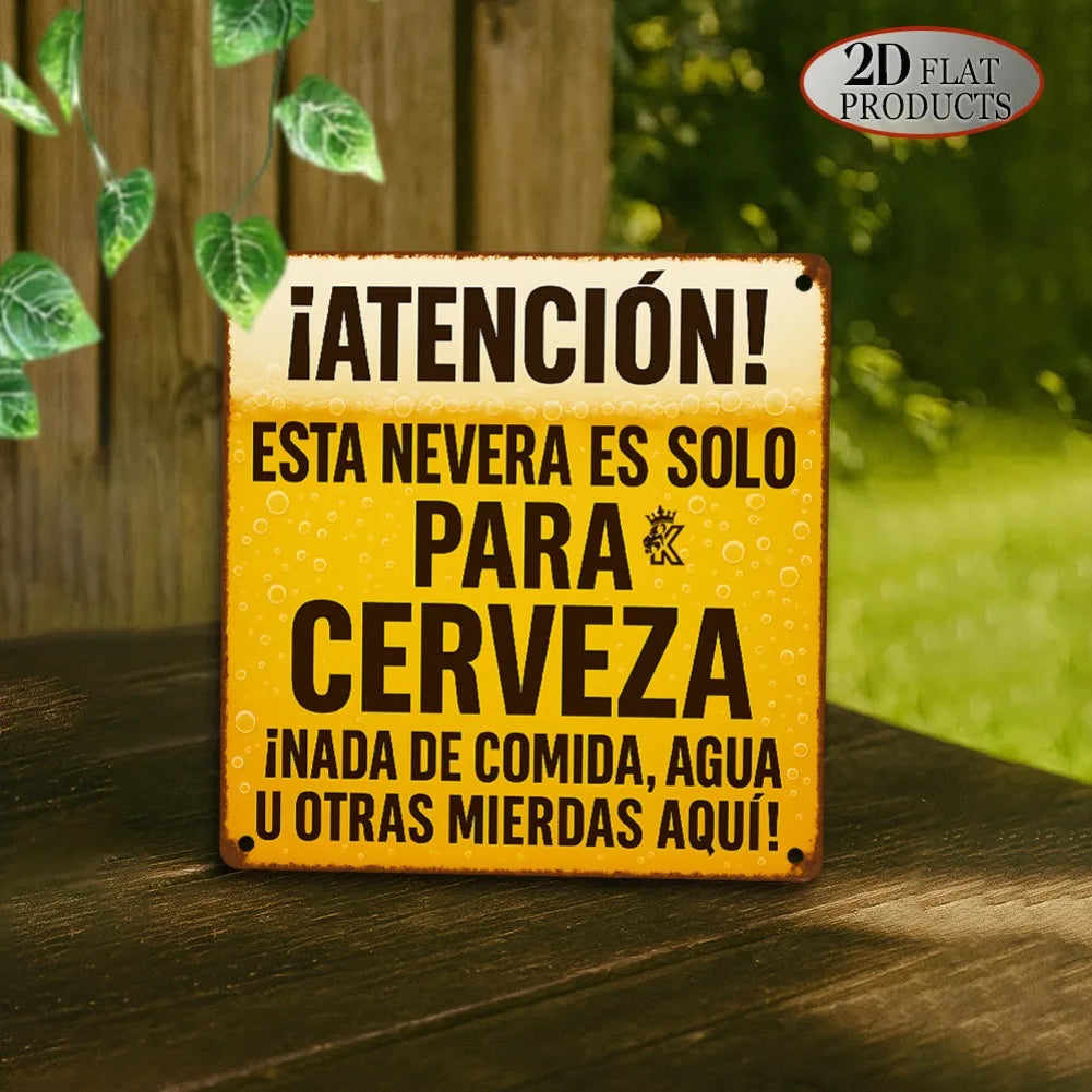 A vintage yellow metal sign with black text warning that the beer is only for beer, not food or other messes.