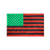 A flag featuring the design of the Pan African Afro American flag with green stars on a field and red and black stripes.