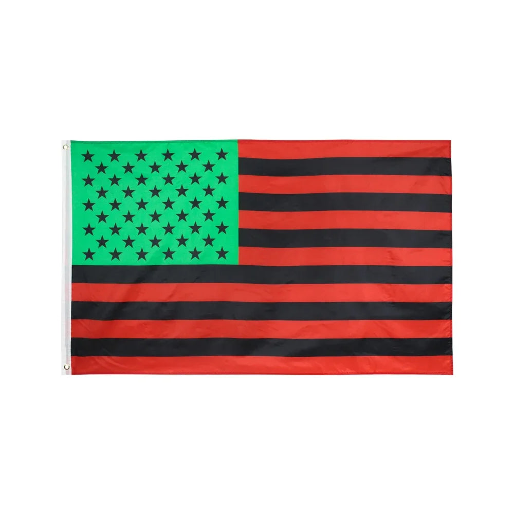 A flag featuring the design of the Pan African Afro American flag with green stars on a field and red and black stripes.