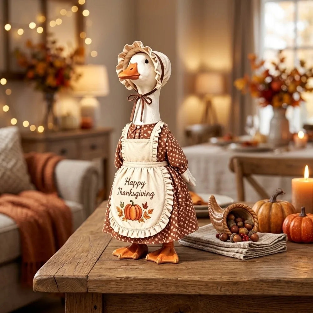 A wooden goose decoration wearing an apron and headband, set for autumn Thanksgiving decor.