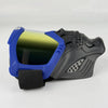 A pair of blue and gray offroad full face skull riding goggles with a black strap.