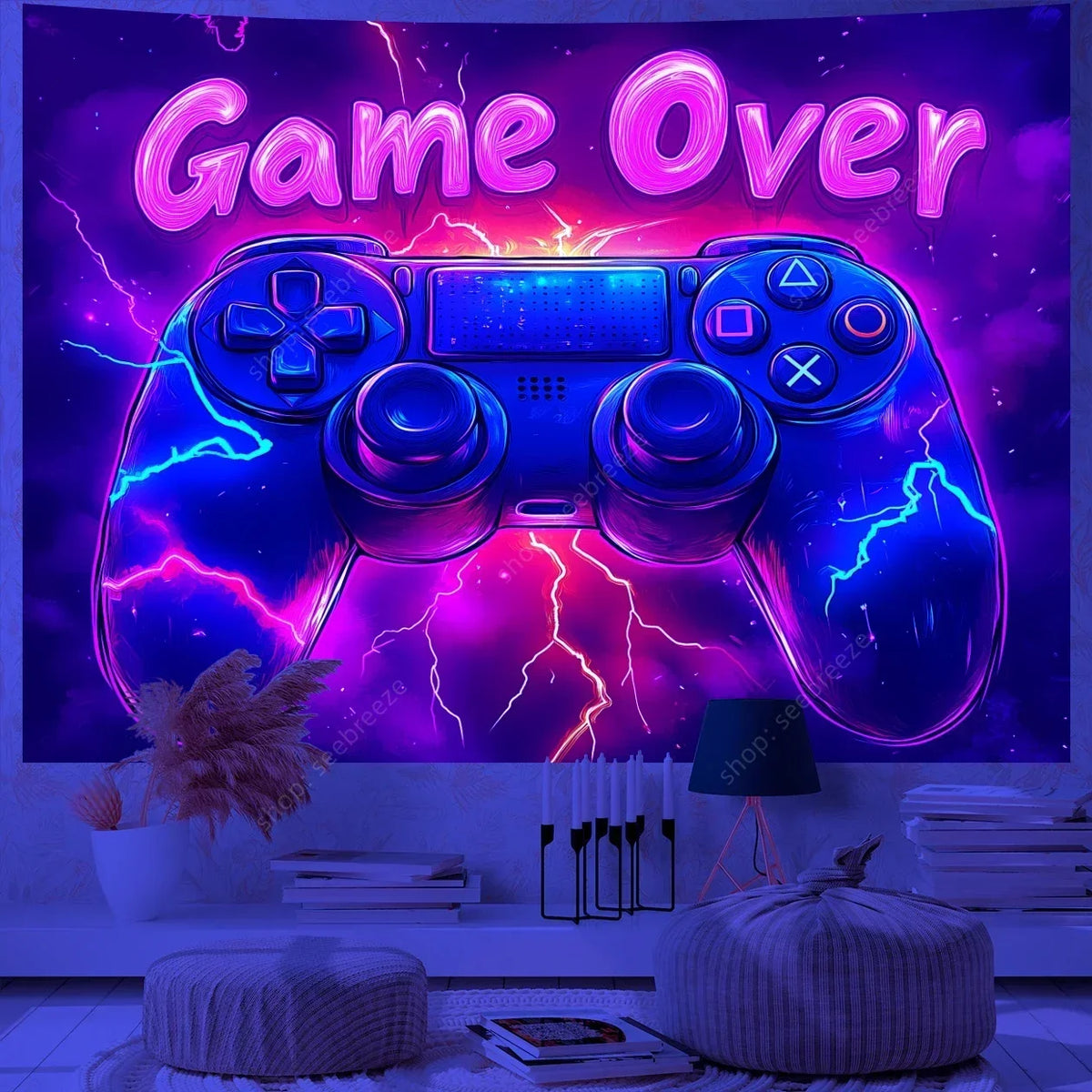 A purple and pink glowing game controller tapestry displayed on a wall with lightning effects.