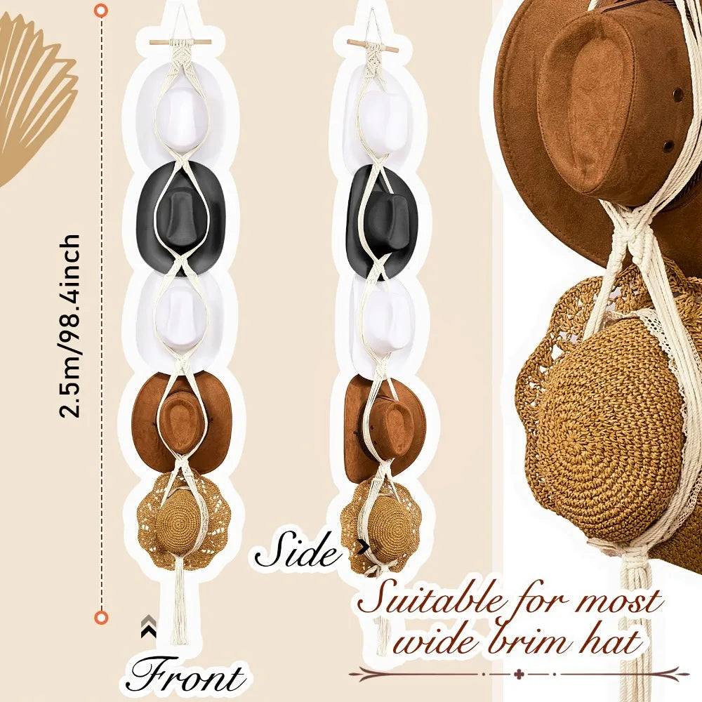 Macrame hat hanger featuring round wooden and black beads for wall storage