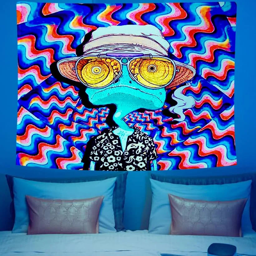 A vibrant tapestry wall art featuring a psychedelic blue character against a swirling rainbow background.