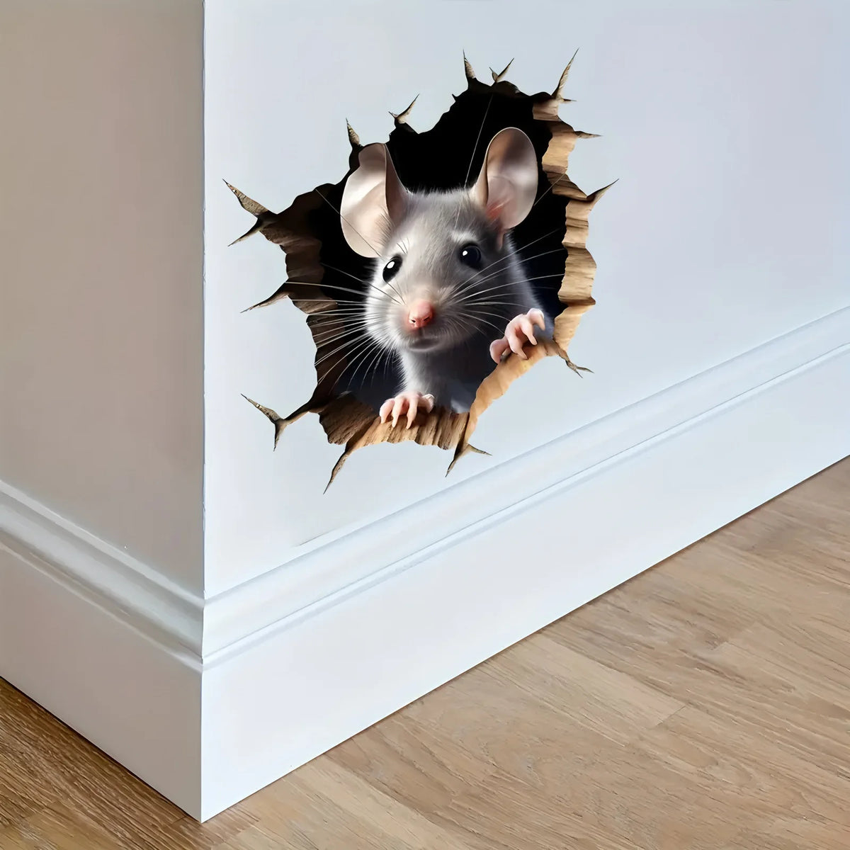 A realistic gray mouse head peeking out of a dark, jagged hole in a white wall.