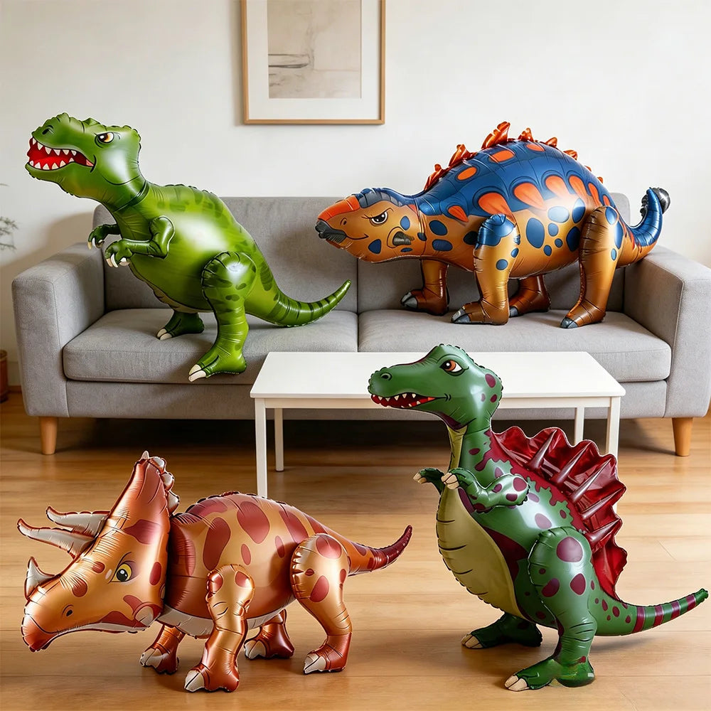 A collection of plastic dinosaur figures in various colors and poses displayed on a sofa and table.