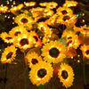 Bright yellow solar sunflower LED garden lights blooming in the dark.