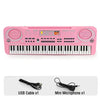 Pink electronic piano keyboard with a built-in microphone and USB cable