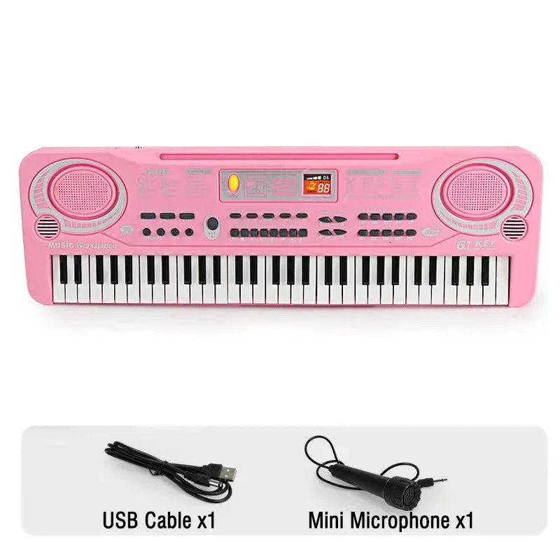 Pink electronic piano keyboard with a built-in microphone and USB cable