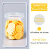 A clear jar filled with yellow tablets, labeled as a 100 plastic counting chips for educational learning.