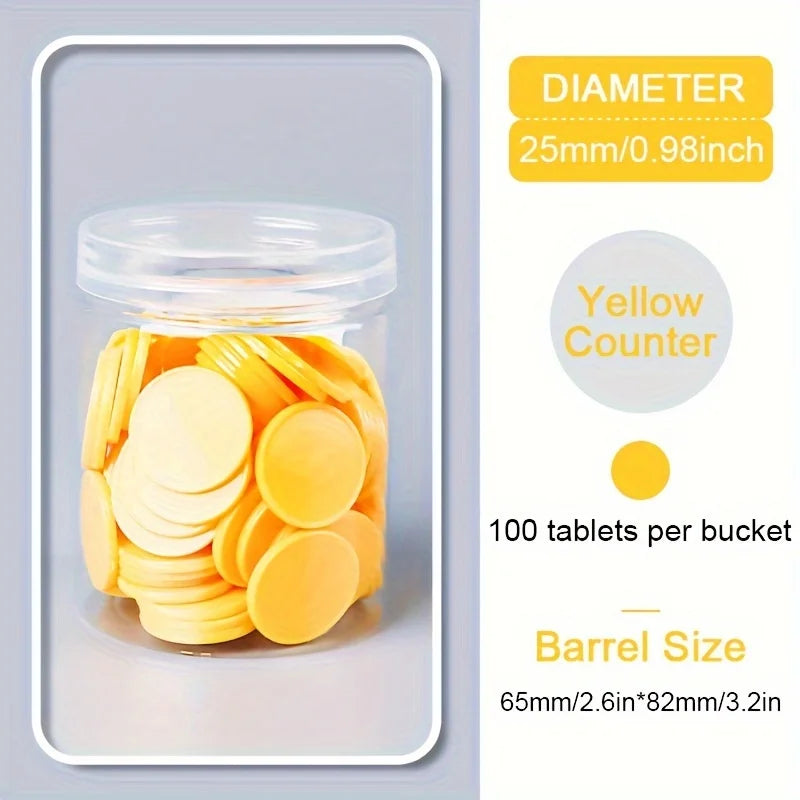 A clear jar filled with yellow tablets, labeled as a 100 plastic counting chips for educational learning.