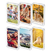 Six clear acrylic magnetic photo frames displaying various family and pet portraits