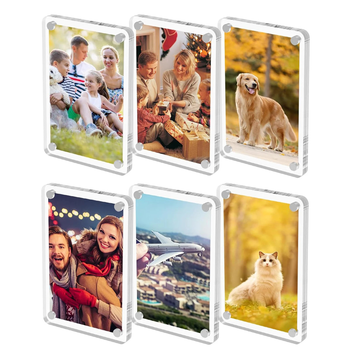 Six clear acrylic magnetic photo frames displaying various family and pet portraits
