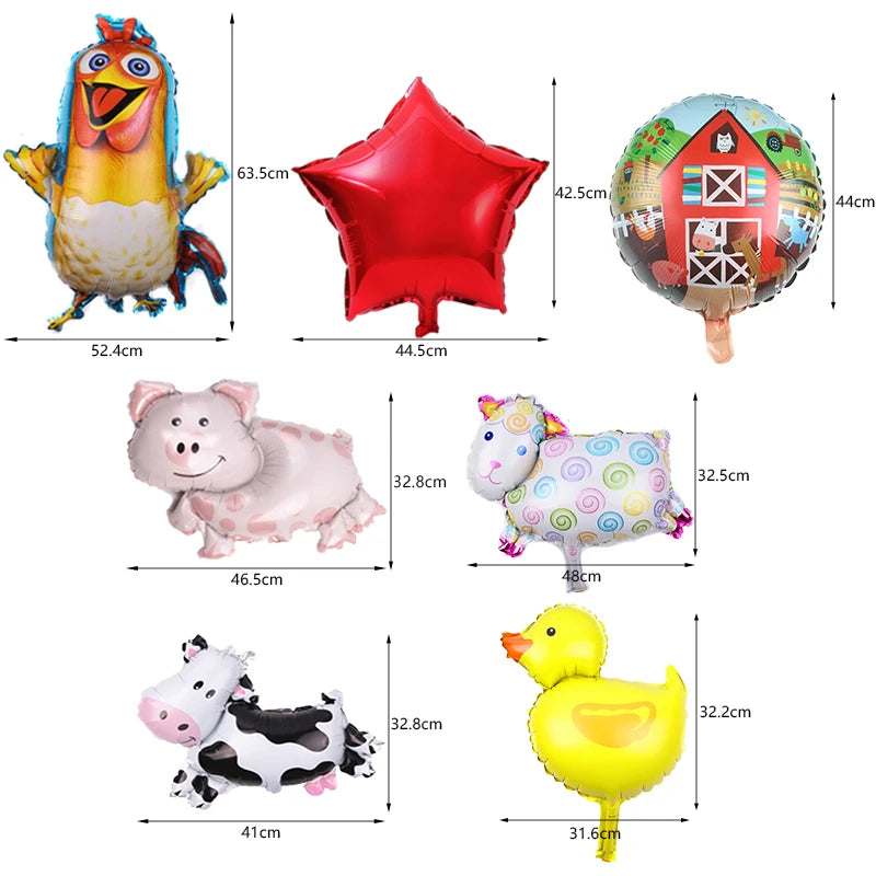 A set of farm ranch birthday party decorations including a yellow bird, pink pig, and white cow plush toys.