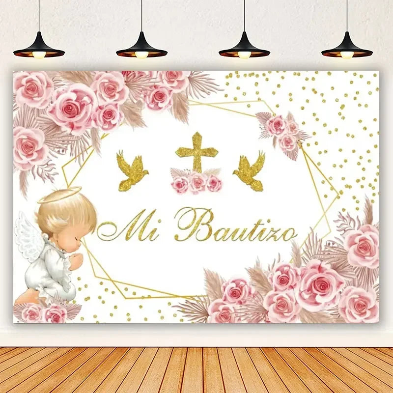 A floral and gold themed backdrop featuring a baby angel, roses, and golden crosses for a baptism or first communion.