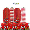 A set of 61 party decorations including plates and straws featuring Spider-Man characters in red and black.