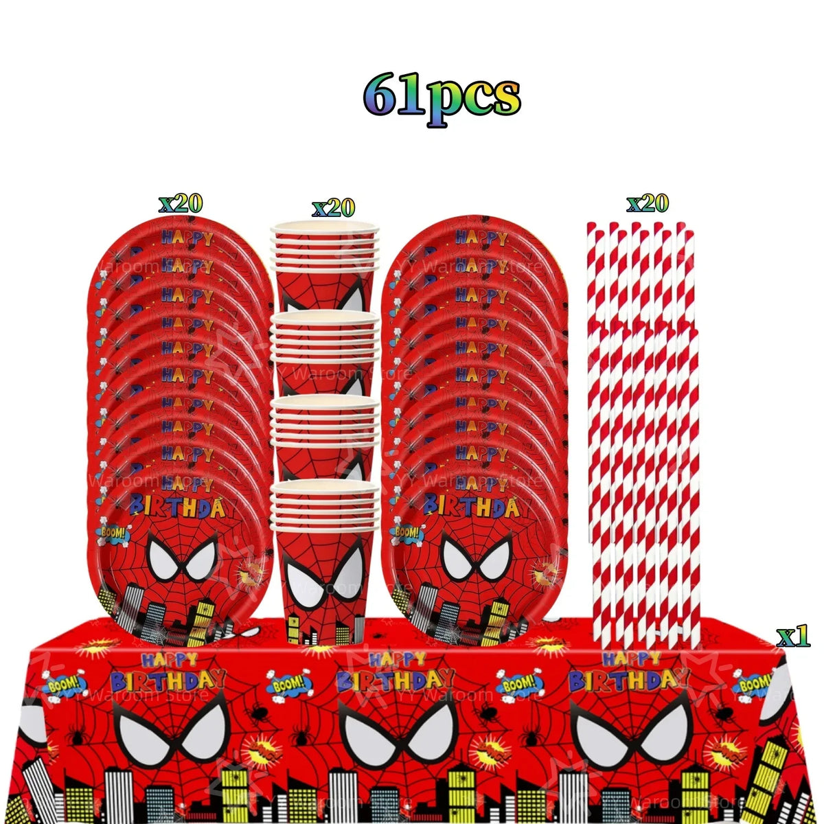 A set of 61 party decorations including plates and straws featuring Spider-Man characters in red and black.