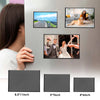 Magnetic picture frames displayed on a refrigerator, showing landscapes and people.