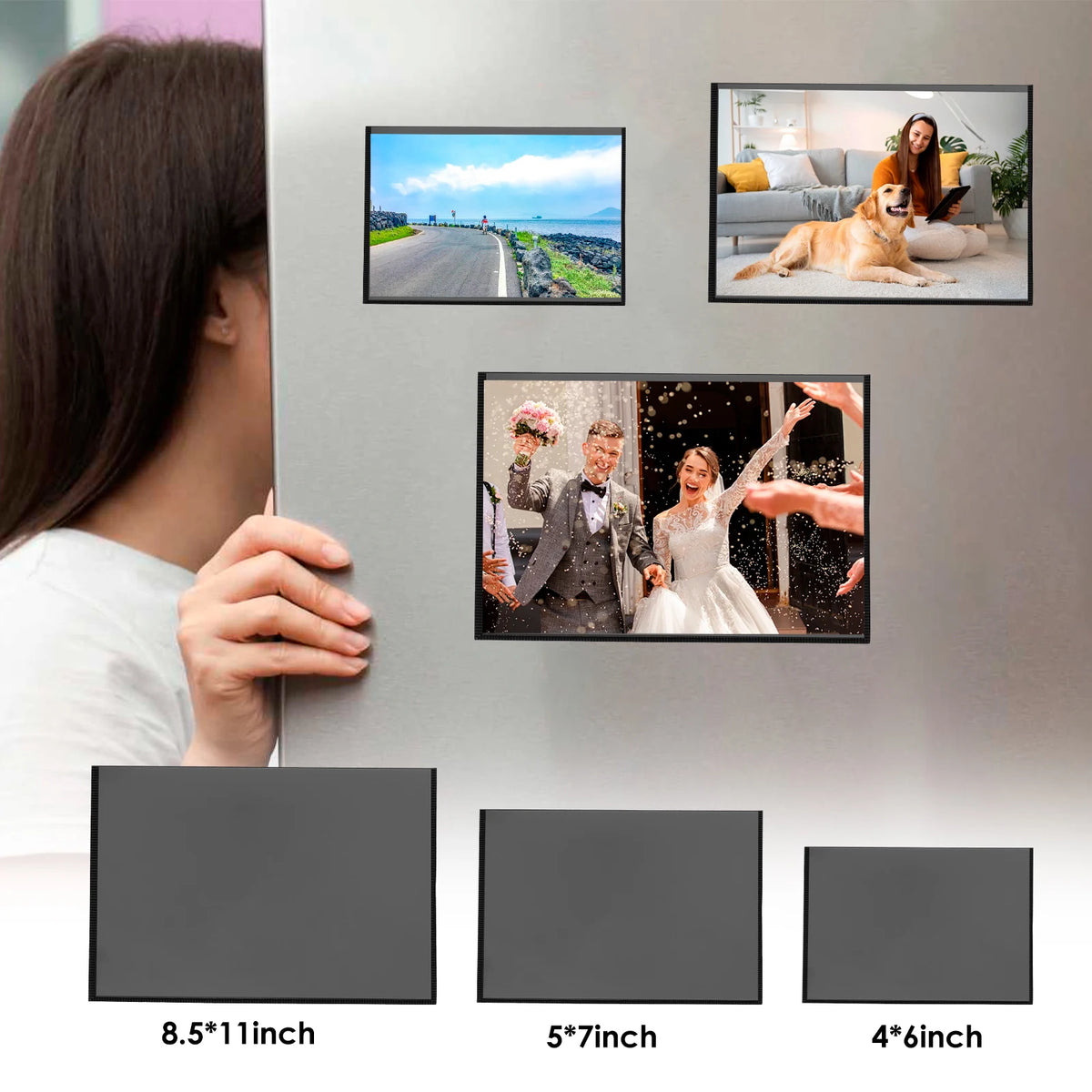 Magnetic picture frames displayed on a refrigerator, showing landscapes and people.