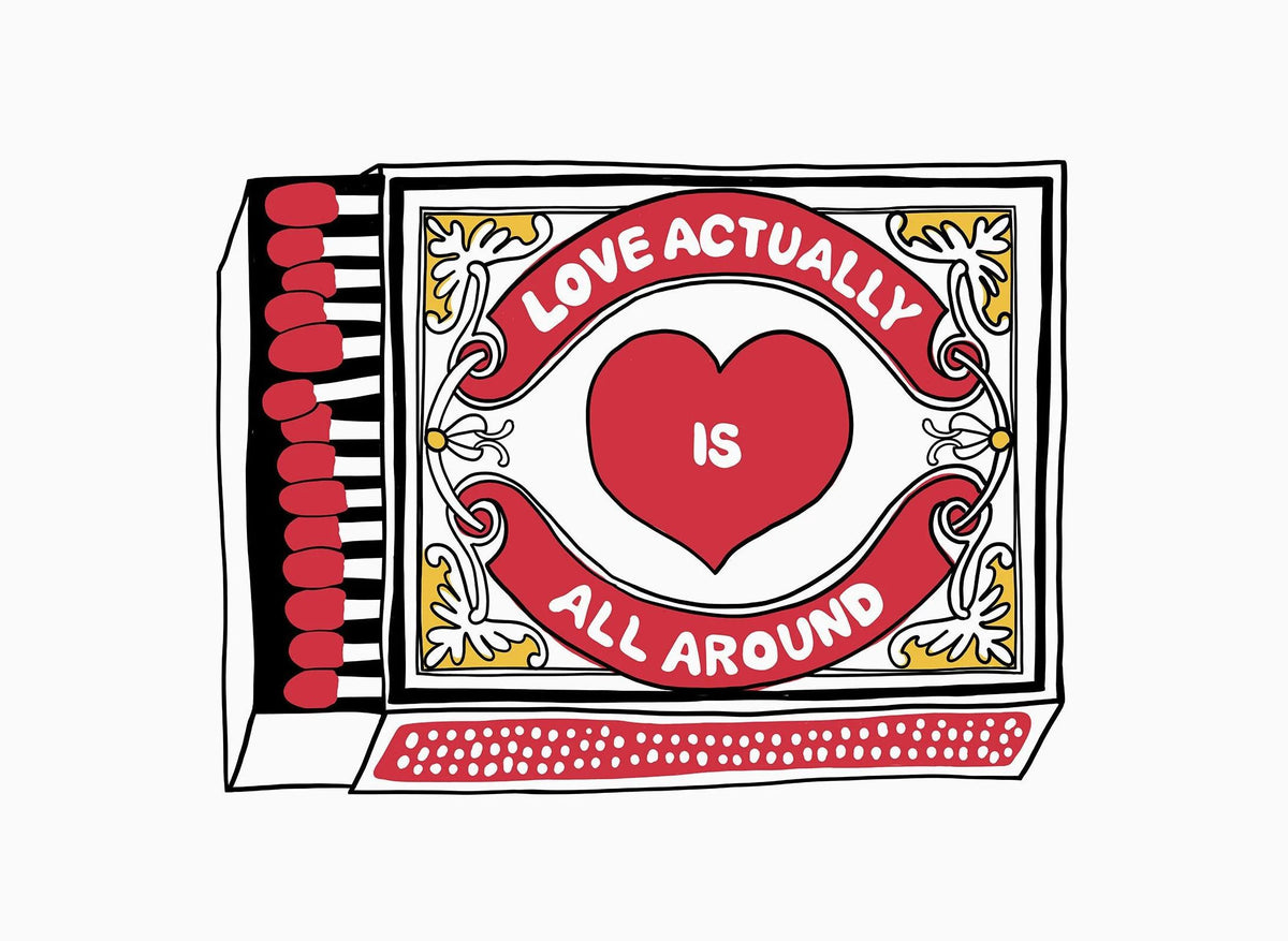 A black and red graphic design featuring a heart and text that reads Love Actually is all around