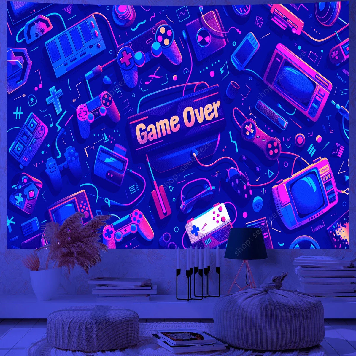 A dark blue tapestry featuring various game controllers and electronic accessories with glowing UV reactive elements.