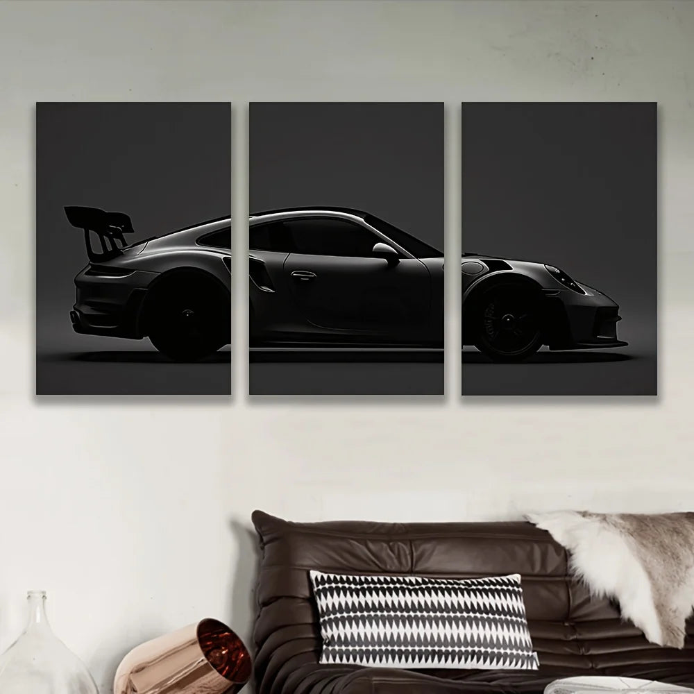 Three panels of black sports car silhouette wall art featuring a sleek, low-profile vehicle.