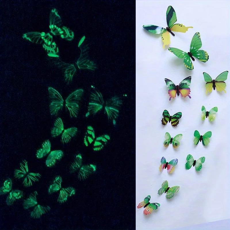 A collection of twelve colorful, luminous butterfly wall stickers on a white background.