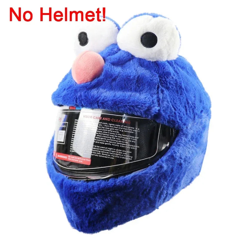 A bright blue cartoon plush helmet cover with white eyes and pink nose.