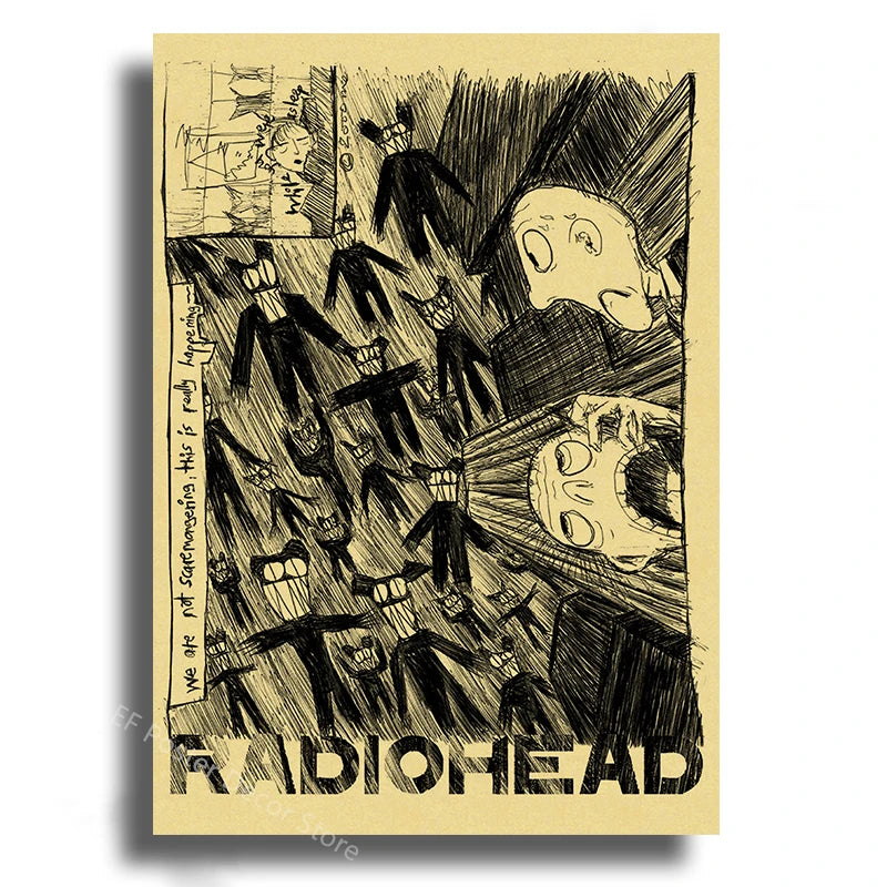 Grayscale sketch of a crowd with distorted faces and silhouettes, featuring the Radiohead album art.