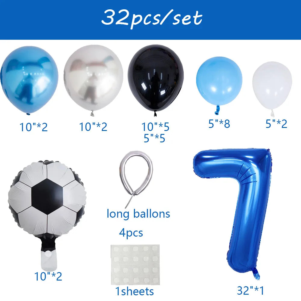 A set of 32 balloons including various colors and sizes like blue, silver, black, and a large blue number 7 for party decorat