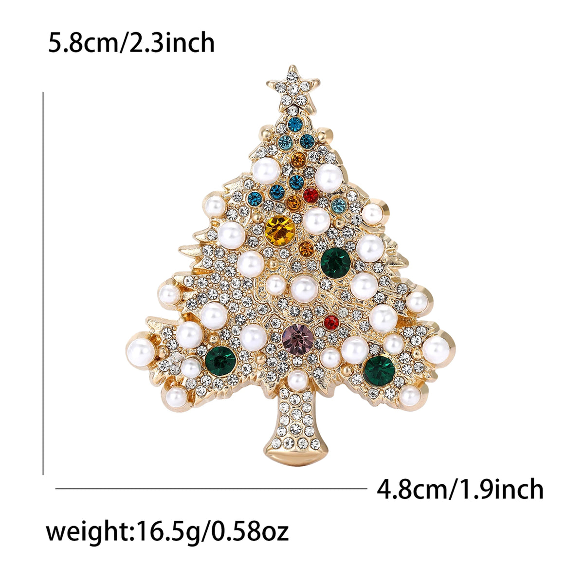 A gold-toned rhinestone Christmas tree brooch featuring white pearls and colored gemstones.