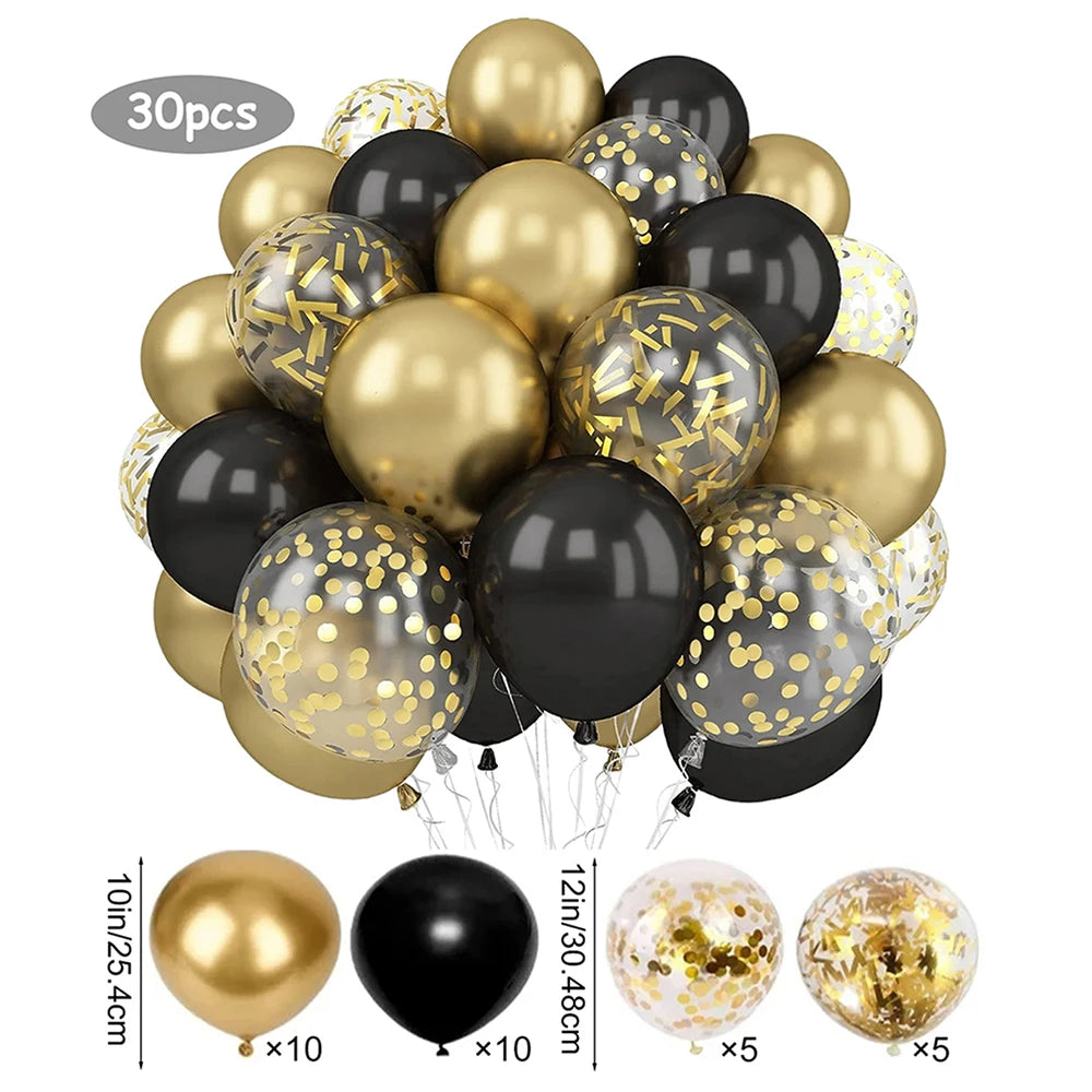 A collection of 30 pearl and gold confetti balloons in various sizes and colors.
