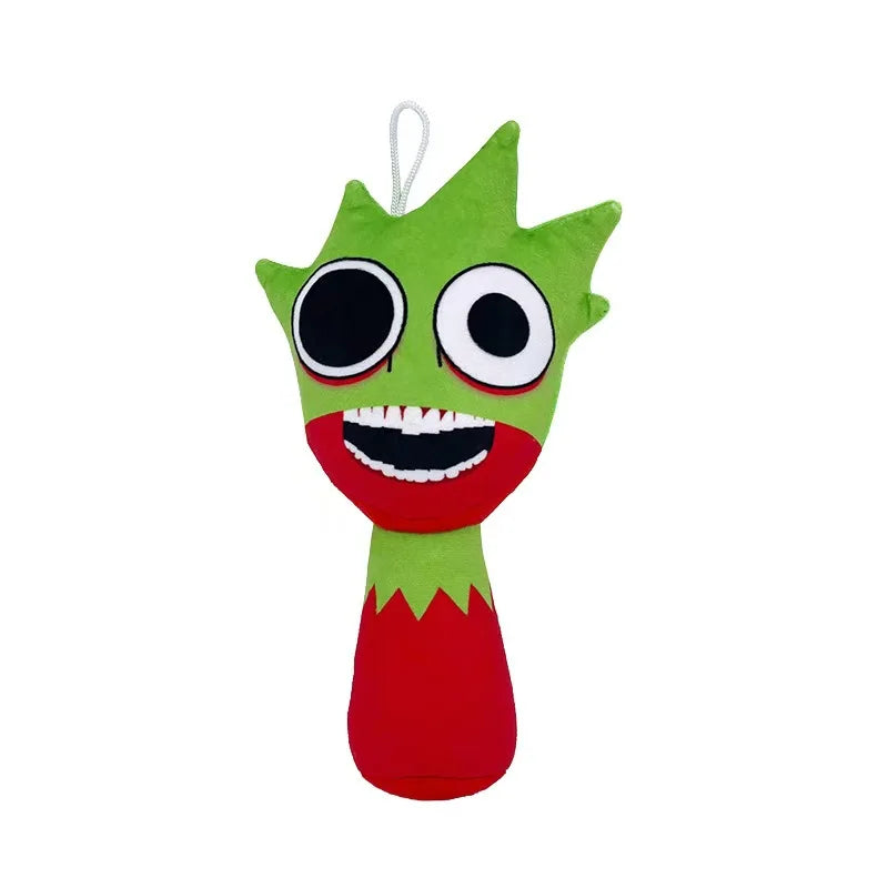 A bright green plush toy shaped like a strawberry with large black eyes and a wide smile.