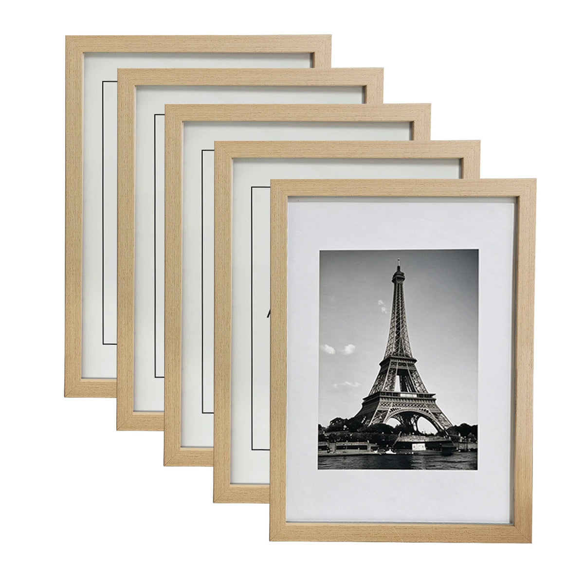 A set of five light wood photo frames in varying sizes, displayed in a row.