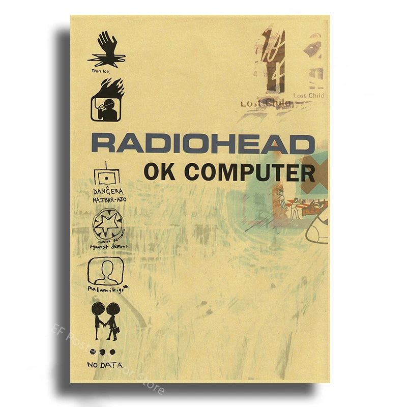 Album art poster for Radiohead's Ok Computer featuring abstract hand shapes and text