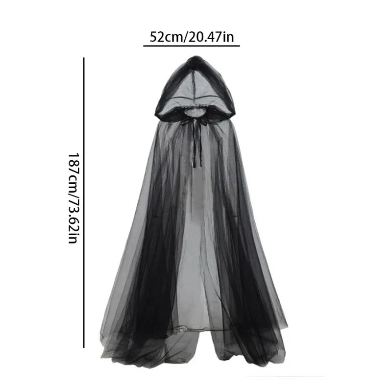 Elegante schwarze Braut-Hexen-Umhang, flach dargestellt, zeigt Länge und Fall